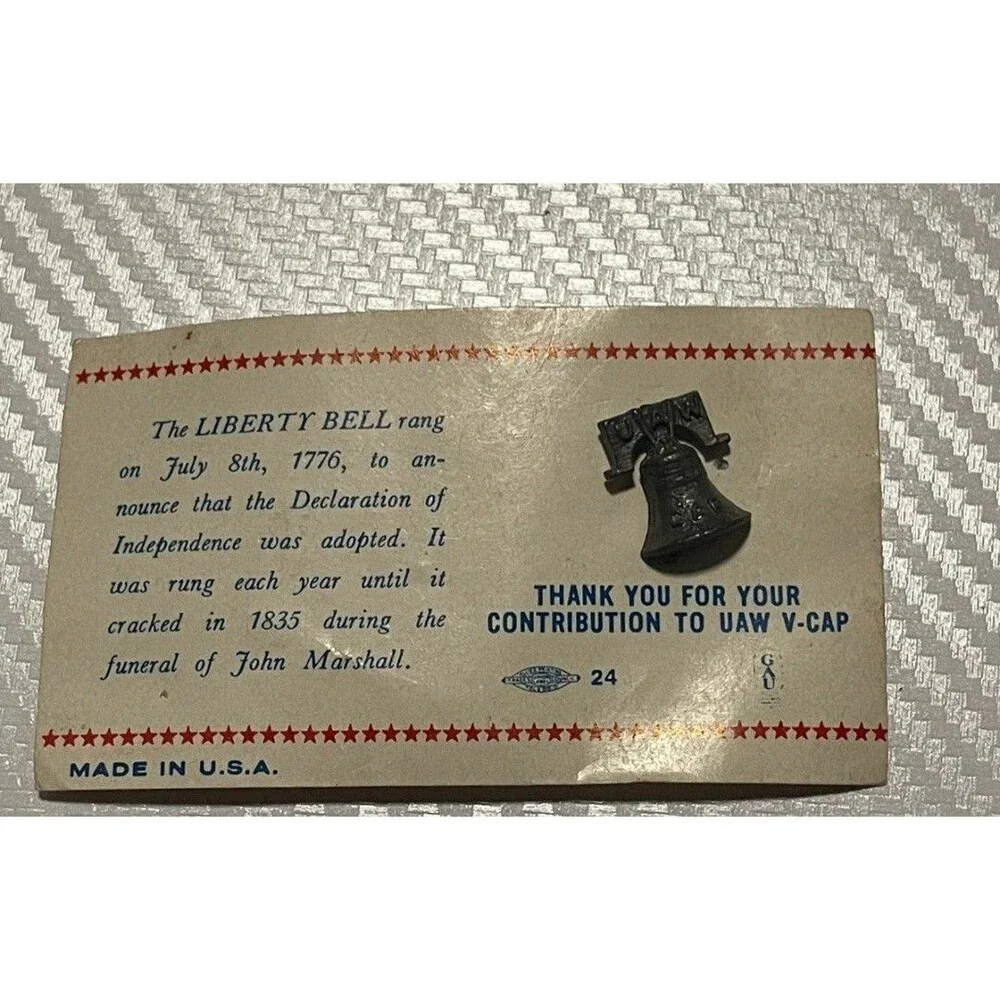 Vintage UAW Metal Lapel Pin V-CAP Union Liberty Bell with Display Card USA